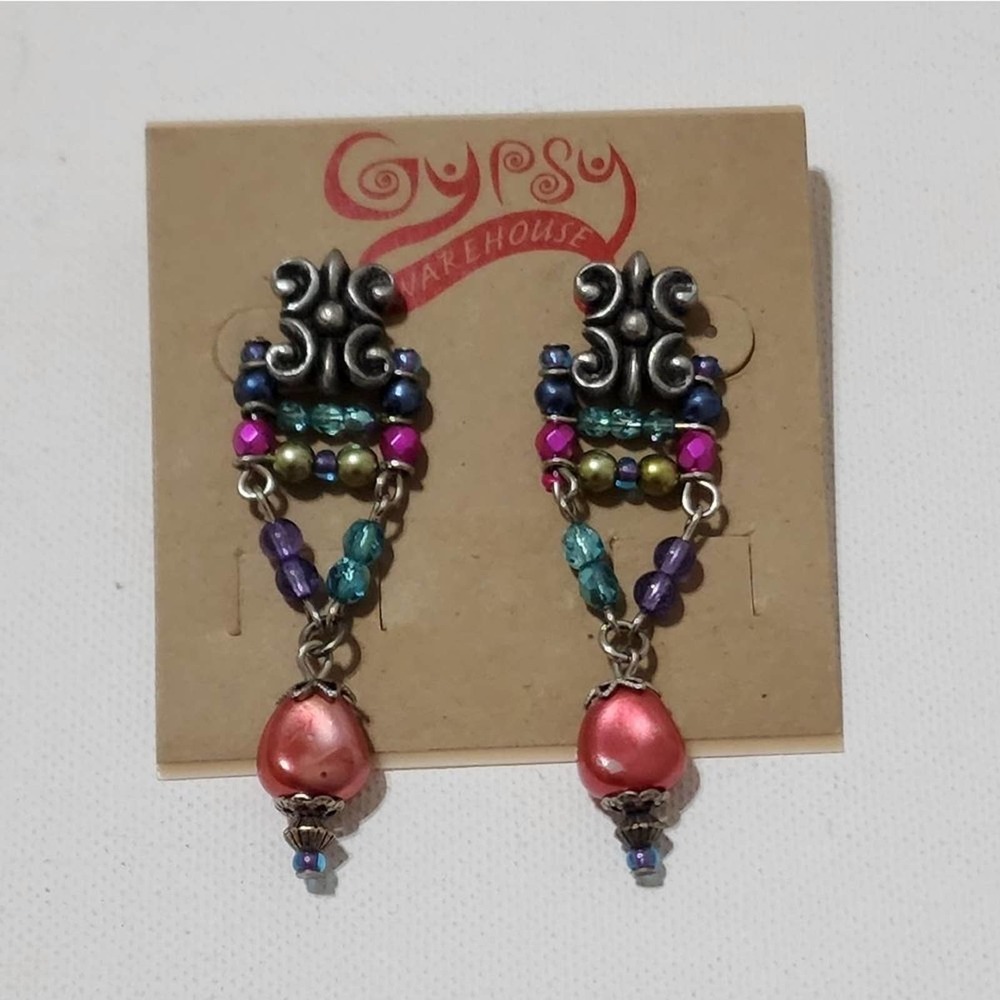 TRESKA Teal‎ Purple And Pink beaded dangle chandelier earrings new